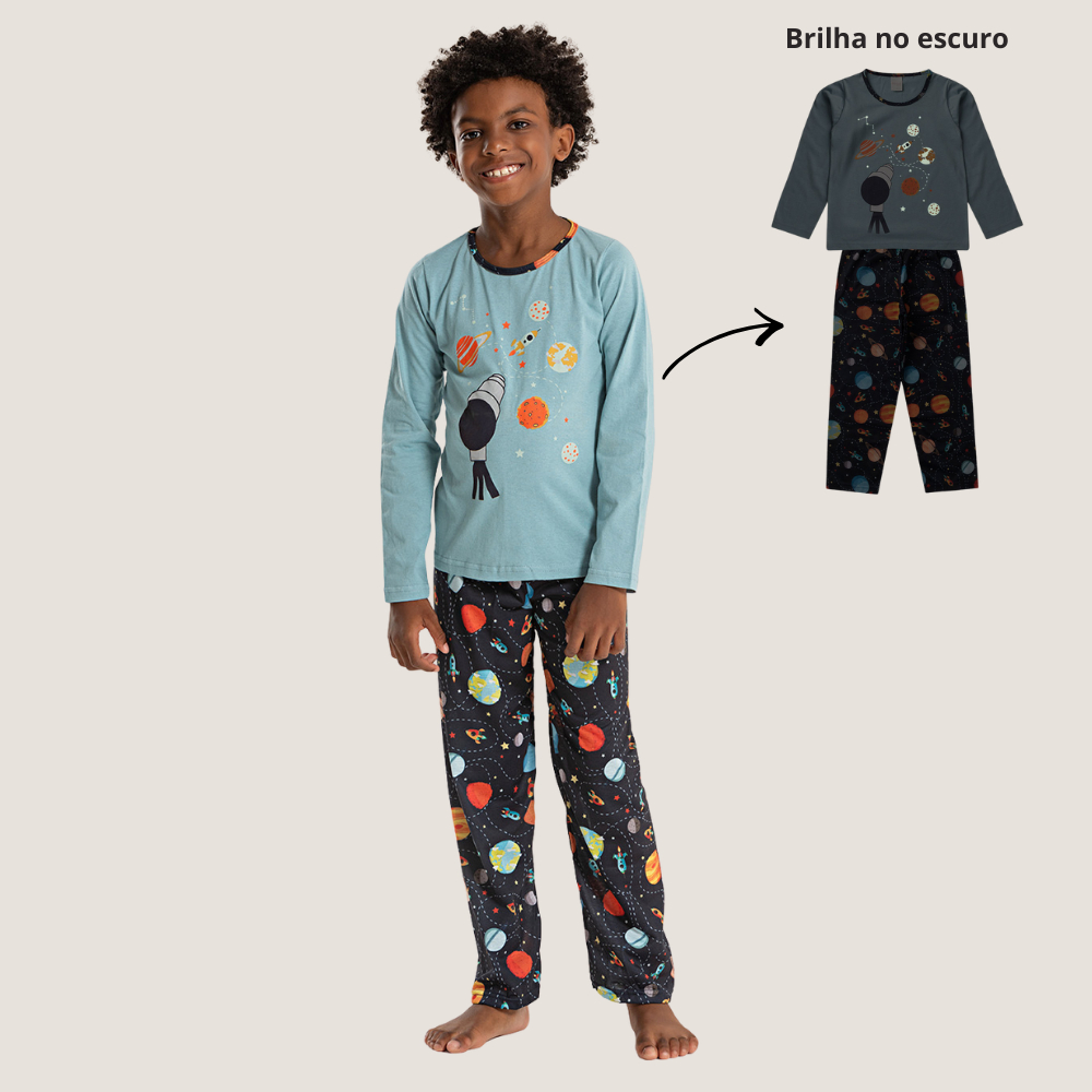 Pijama Longo Infantil Brilha no Escuro Menino Planetas em Oferta na Shopee