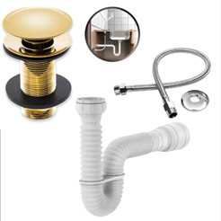 Conjunto, Valvula Click Inox Cor Dourada + Engate Inox 40 Cm + Sifao Universal 70 Cm