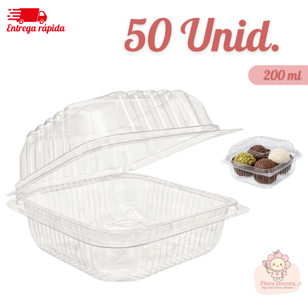 Kit 50 Embalagem Quadrada com Tampa para Bolo e Sobremesa 200ml em Oferta na Shopee