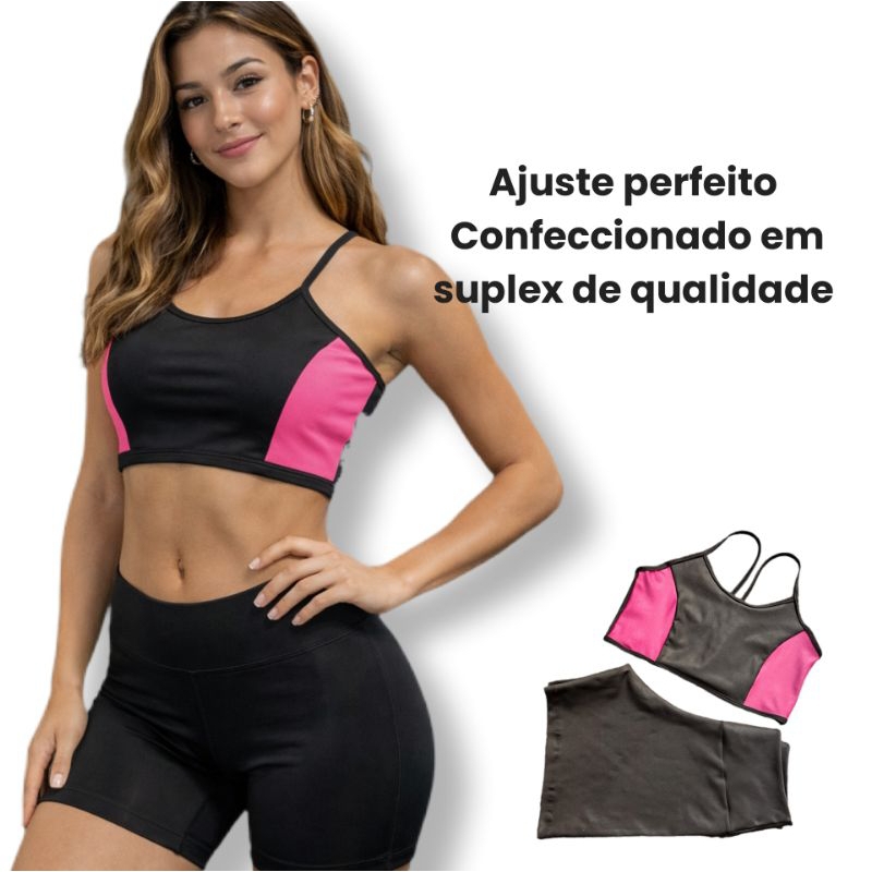 conjunto academia sem transparência  bermuda cós alto feminino top bicolor forrado suplex sem transparência