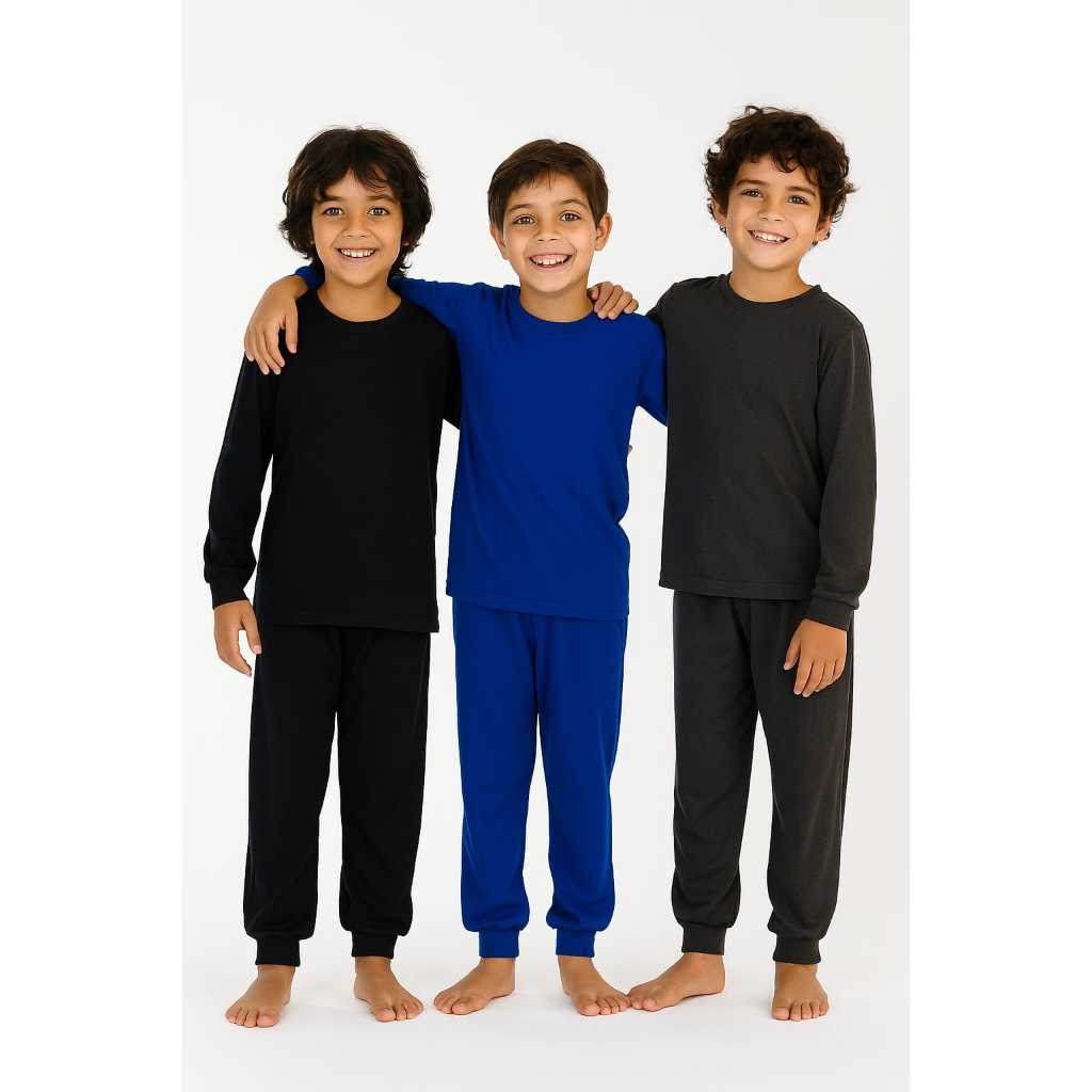 Pijama Liso Básico em Malha Premium 100% Algodão Menino Infantil Juvenil Adolescente Cores Manga Longa Tamanho 2 ao 20
