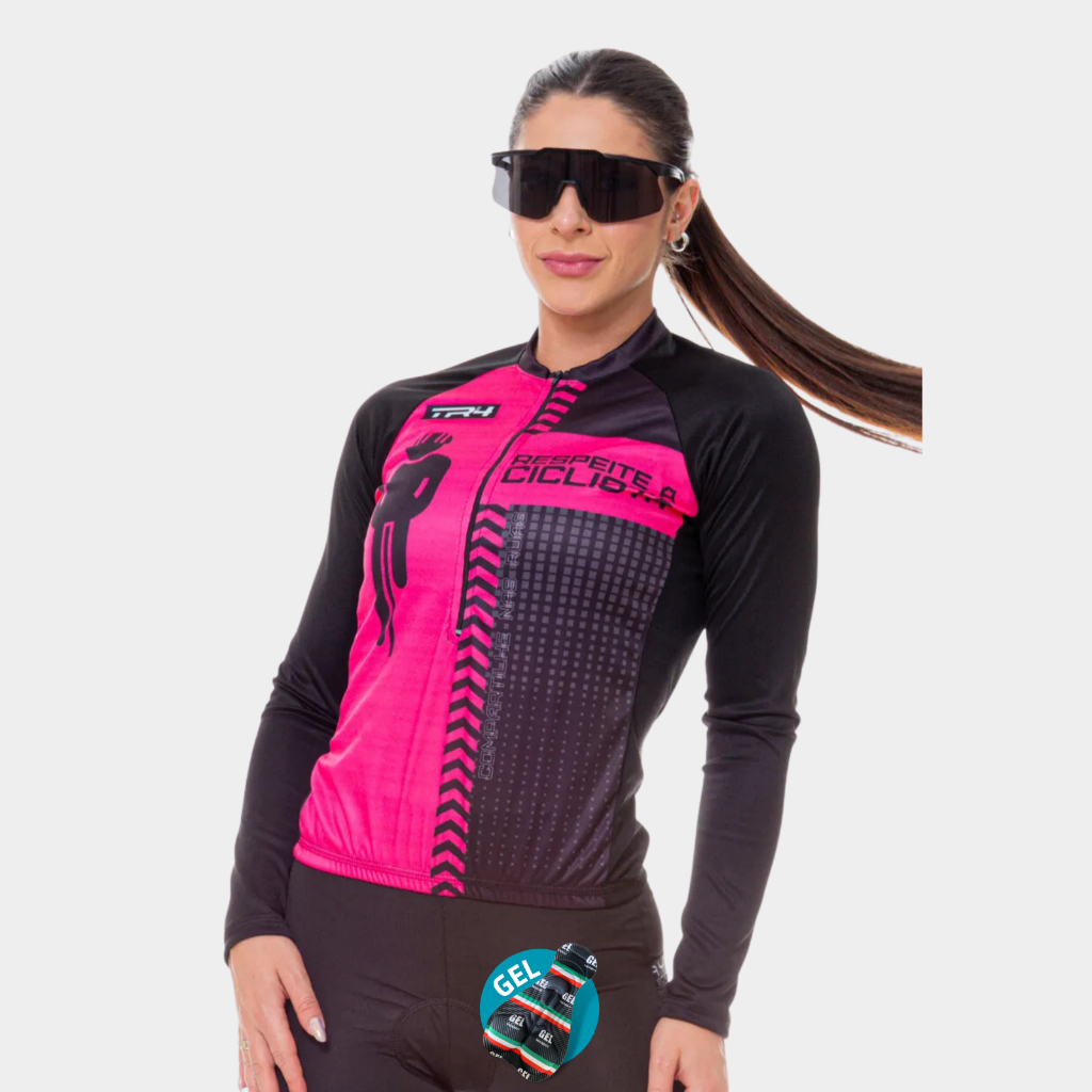 Roupa Feminina Ciclismo Kit Conjunto Camisa Blusa Manga Longa Calça Forro Gel Bike Speed