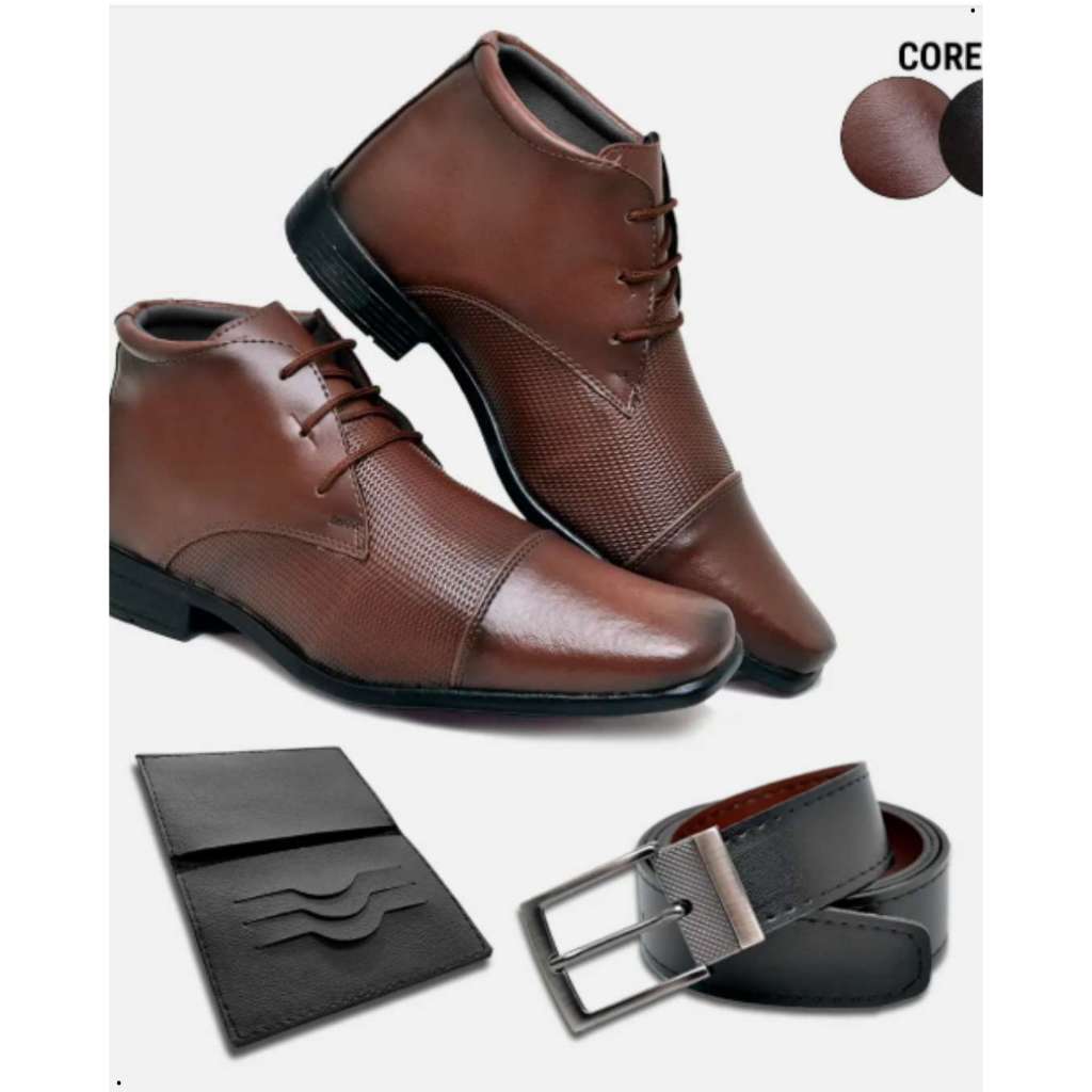 Kit Bota Social Masculina Com Cinto e Carteira Cano Médio Cores Preto e Marrom Coturno Elegante Esporte Fino Festa