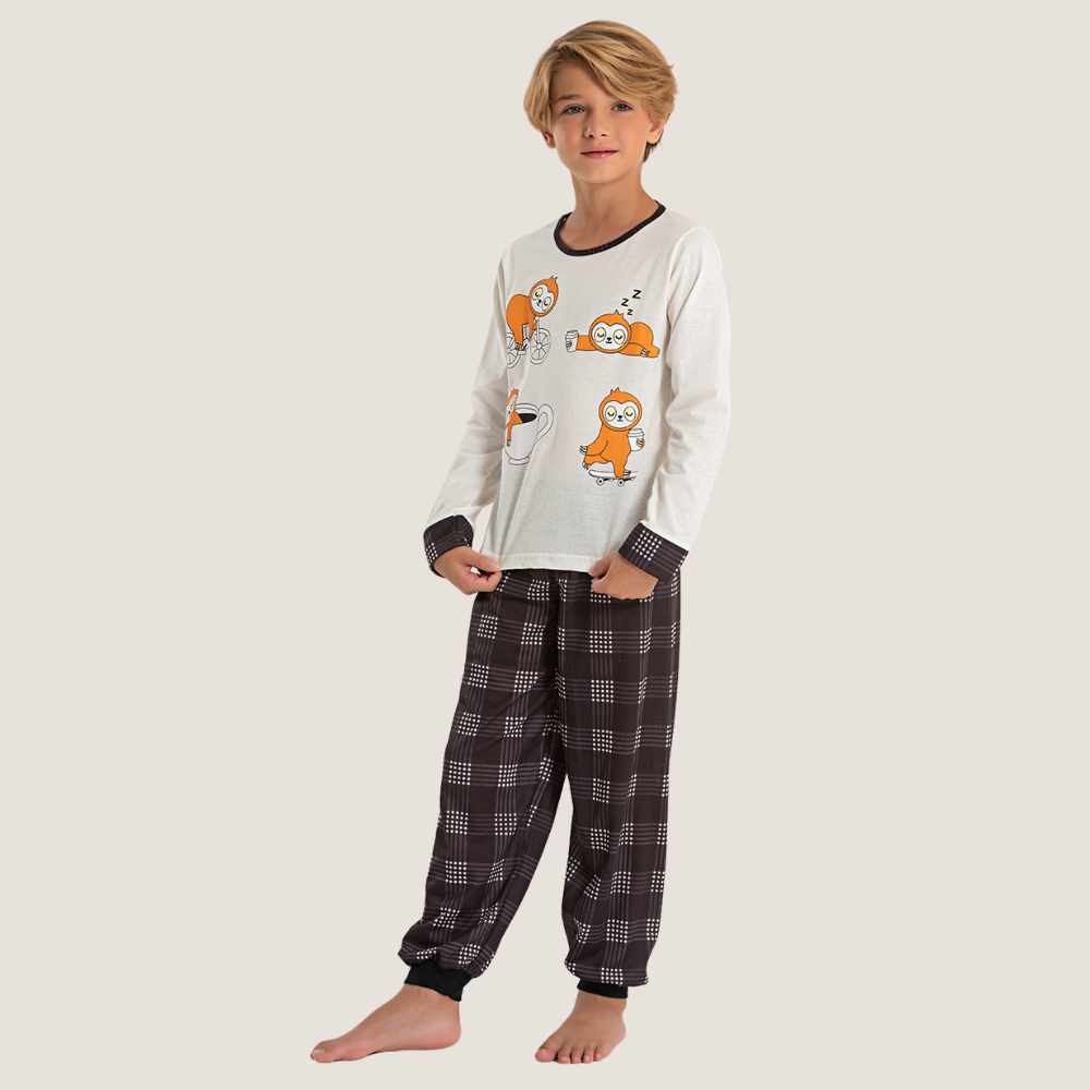 Pijama Longo Infantil Menino Mescla Preguiça Xadrez