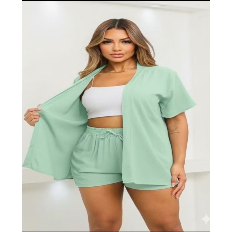 Conjunto 2 Peças Kimono + Short Duna Feminino Moda Praia Azul Preto Bege Rosa Fucsia Verde Menta Saída de Praia