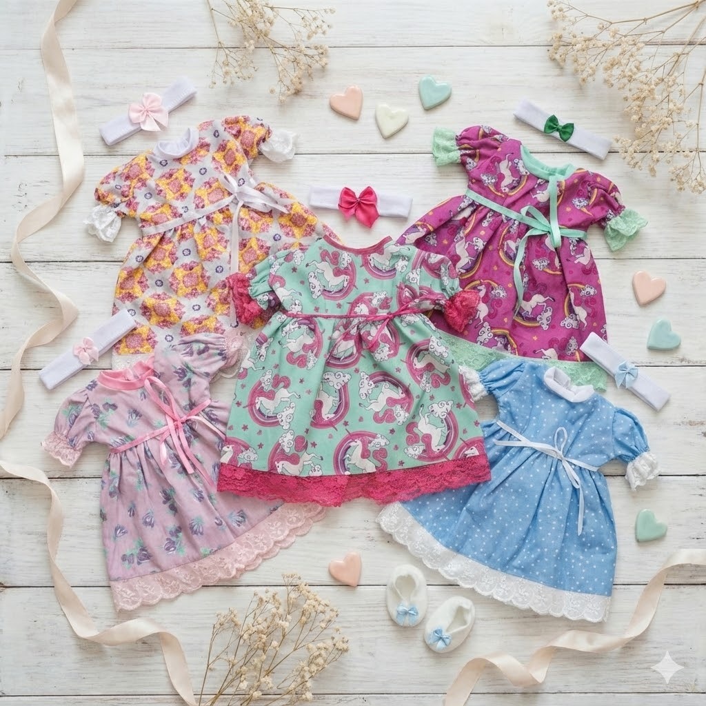 kit com 9 peças para boneca bebe reborn veste 35 a 48cm - vestido + tiara + Sapatinhos em Oferta na Shopee