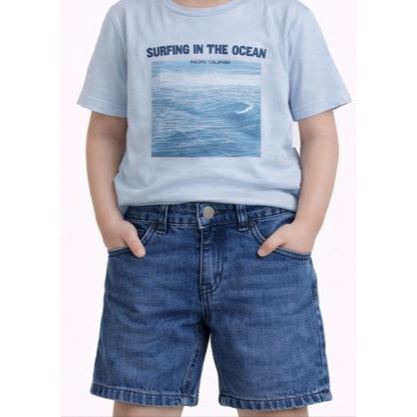 Conjunto Infantil Masculino Camiseta Algodão + Bermuda Jeans Estampa Surf Verão