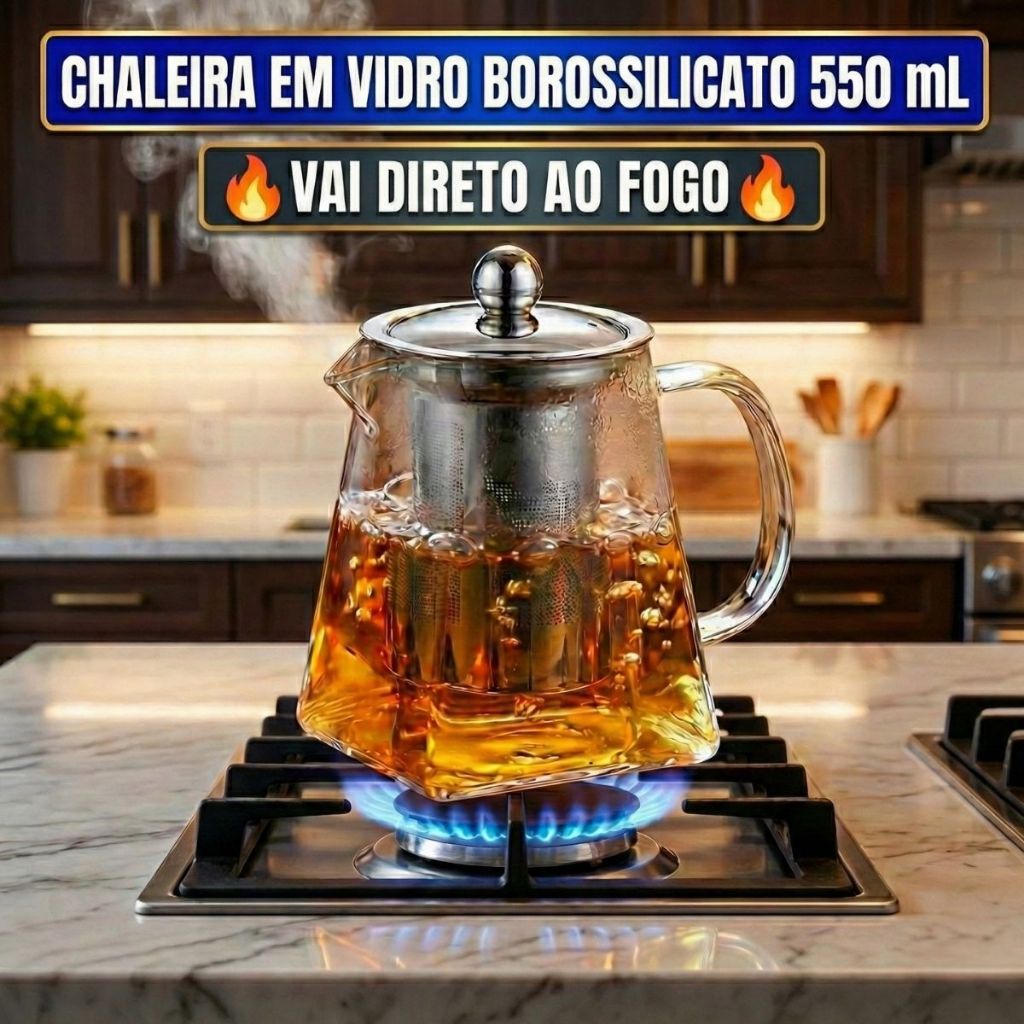 Chaleira Vidro Borossilicato Transparente Infusor Tampa Inox