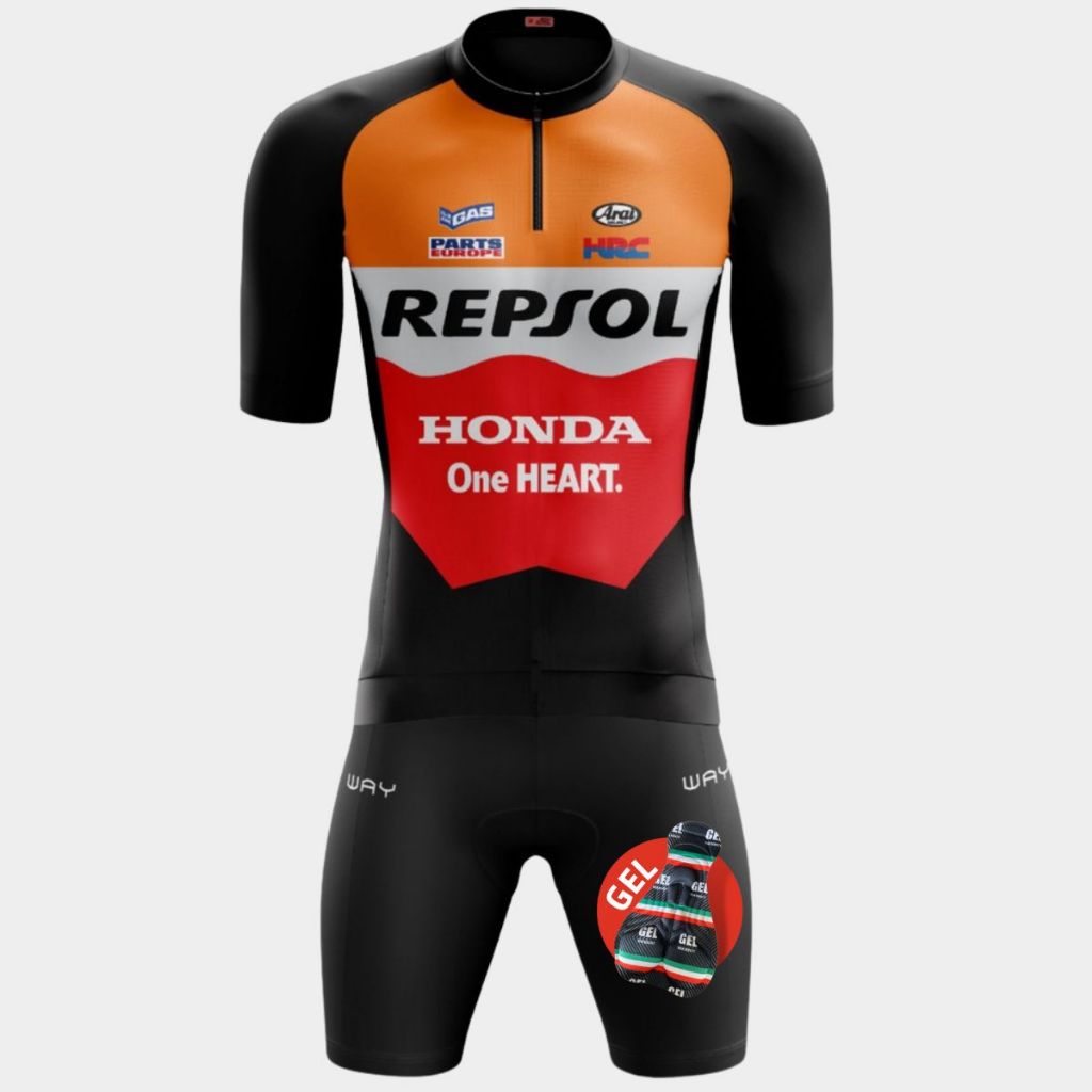 Conjunto de Ciclismo Masculino Camisa Repsol Bermuda Gel Equipe Slim Com Bolsos 