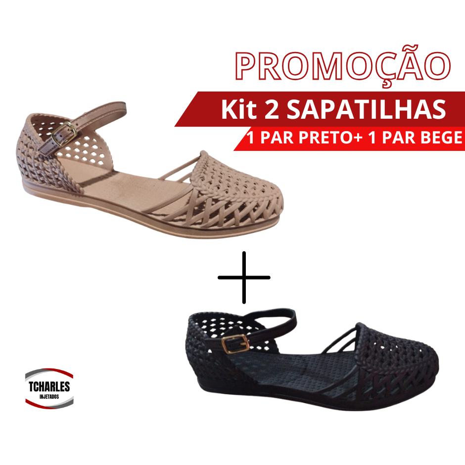 KIT 2 Sapatilhas Feminina com Fivela UM par Preto + UM par Bege Ajustável e Fácil de Calçar