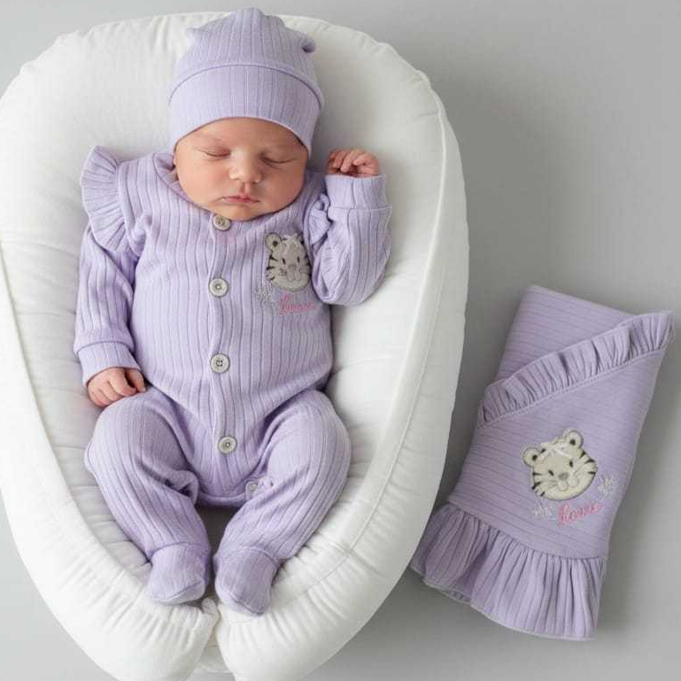 Saída de Maternidade Para Menina Bebê Boomer Malha Canelada com Bordado - 03 Peças