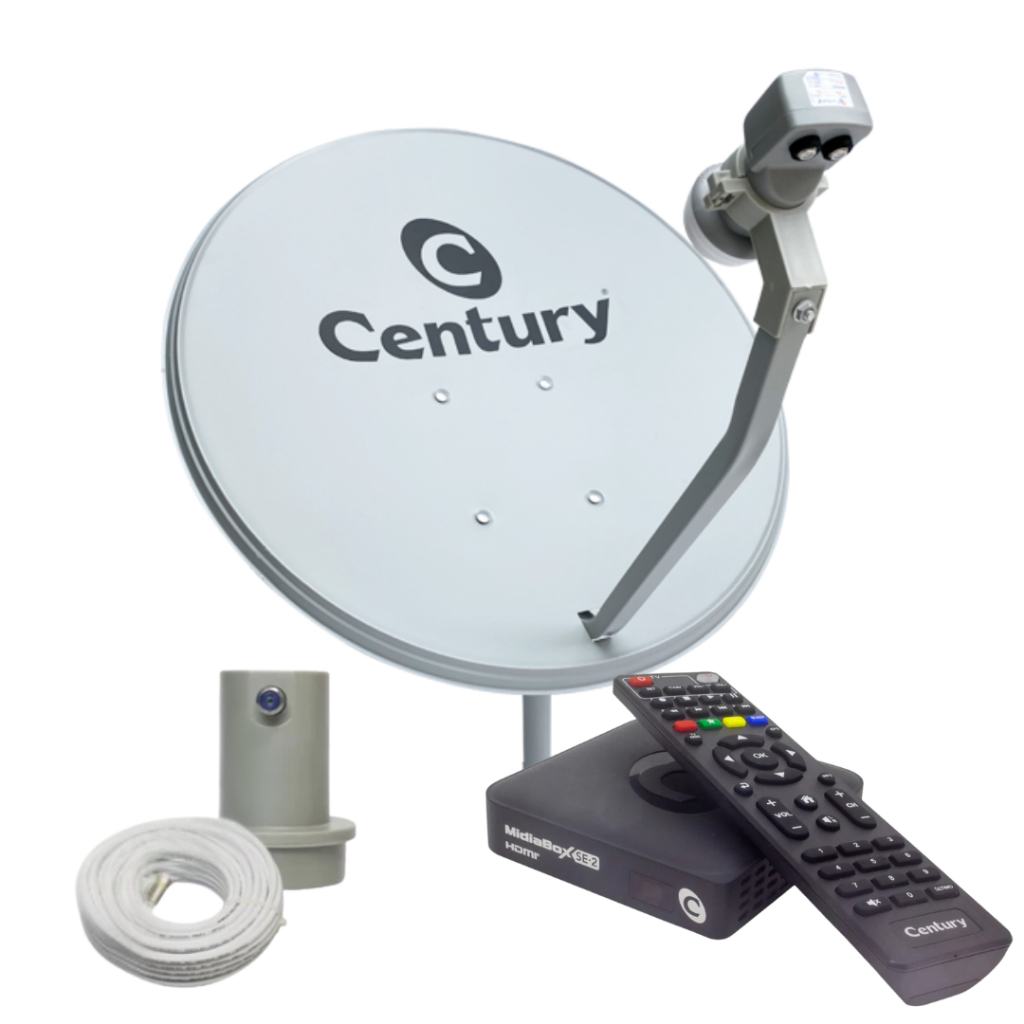 Kit Antena Parabólica Ku 60cm com MidiaBox SE-2 - Century, LNBF e cabo com conectores. Nova Parabólica