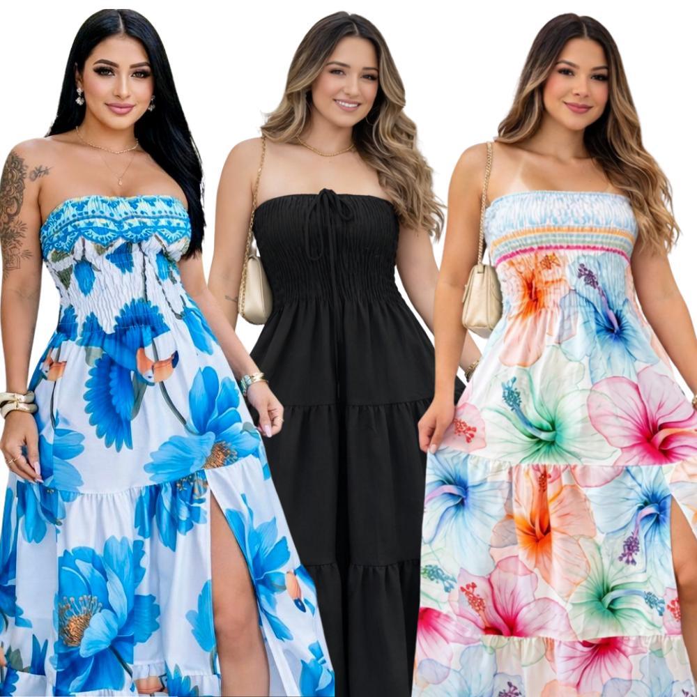 Vestido Longo Feminino Lastex Estampado/Liso – Moda Tropical 2026