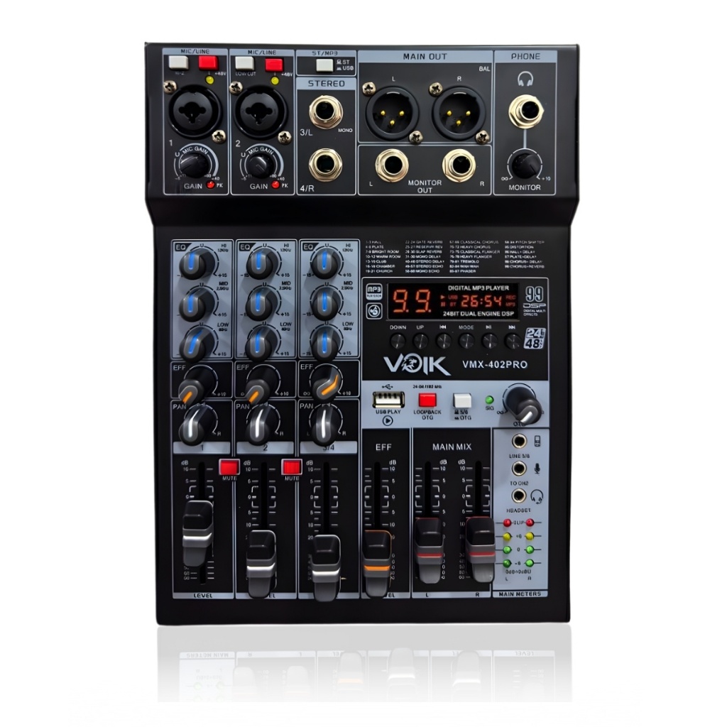 Mesa De Som 4 Canais Voik VMX-402 PRO Metal USB Bluetooth 99 Efeitos Interface de Áudio Phantom Power Bivolt 110v/220v