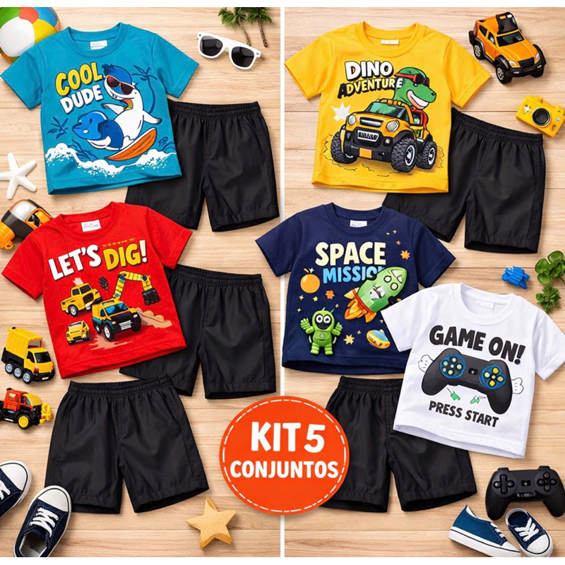 Conjunto Infantil Masculino 100% Algodão + Bermuda Tectel | Kit Escolar Volta às Aulas