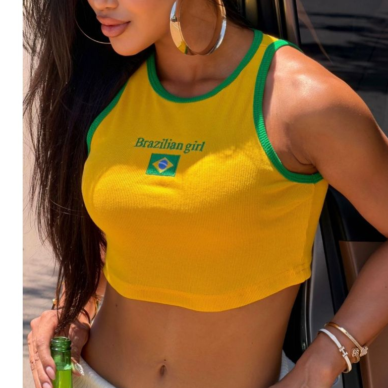 Top Cropped Feminino Regata Brasil Copa do Mundo Malha Canelada Moda Blogueira