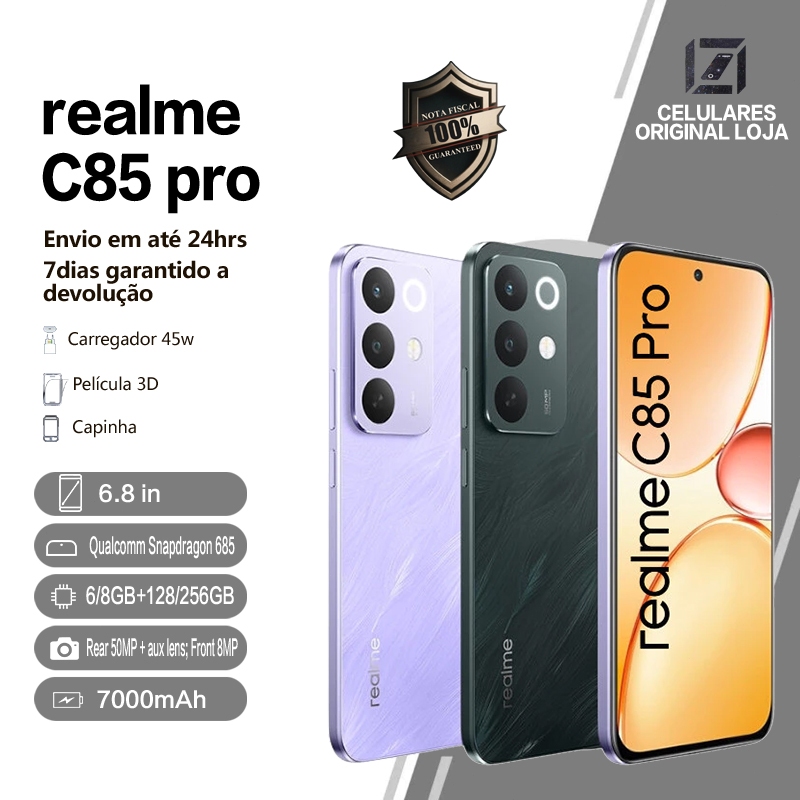 Celular Realme C85 Pro Chip Snapdragon 685 IP69K Máxima Resistência a Água e Poeira Bateria 7000mAh