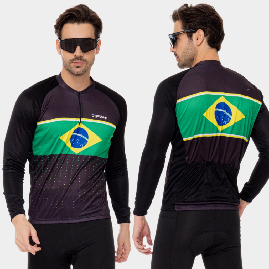 Conjunto Ciclismo Masculino Kit Camisa Brasil Points + Calça de Gel Inverno Frio