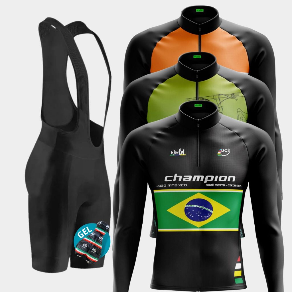 Conjunto de Ciclismo Masculino Camisa Manga Longa e Bretelle Com Forro em Gel para Pedalar