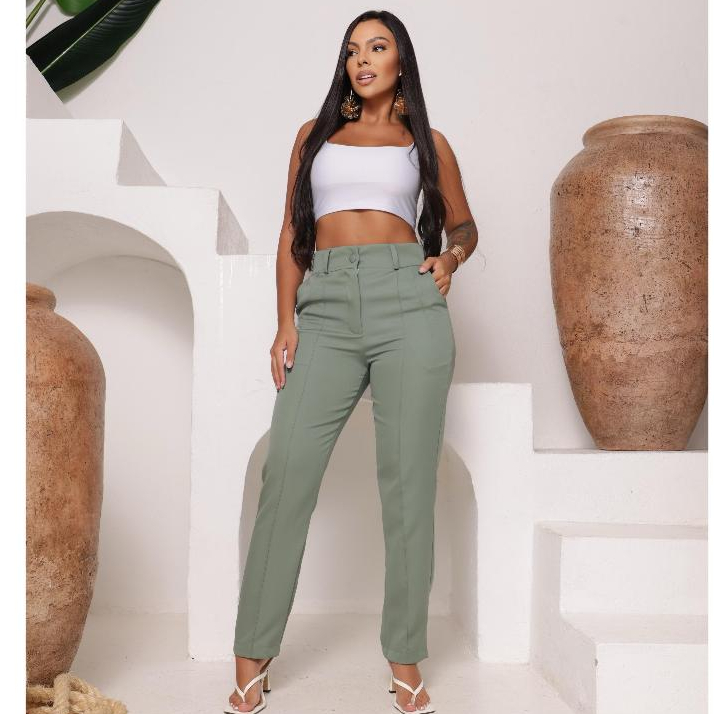 Calça Alfaiataria Feminina Skiny Cintura Alta Casual Premium Bolsos P ao GG