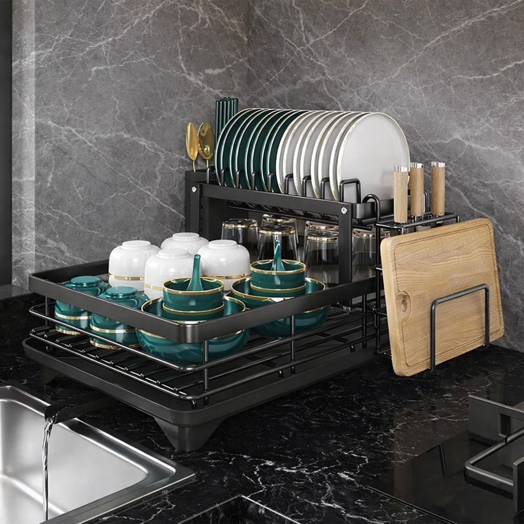 Escorredor de Louças Rack Aço Carbono Organizador Preto Multifunsional Bandeja Coletora com Dreno