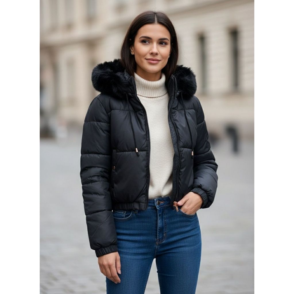 Jaqueta Cropped Puffer Feminina Bobojaco Forrada Capuz Removivel