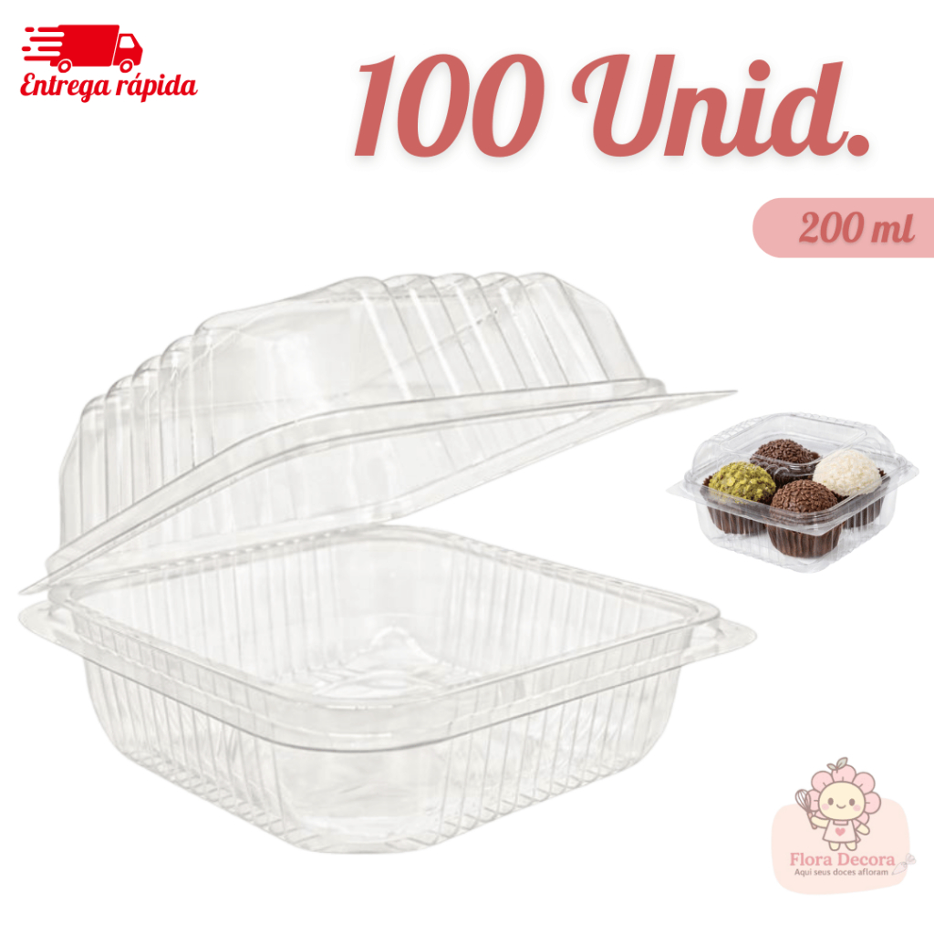 Kit 100 Embalagem Quadrada com Tampa para Bolo e Sobremesa 200ml em Oferta na Shopee