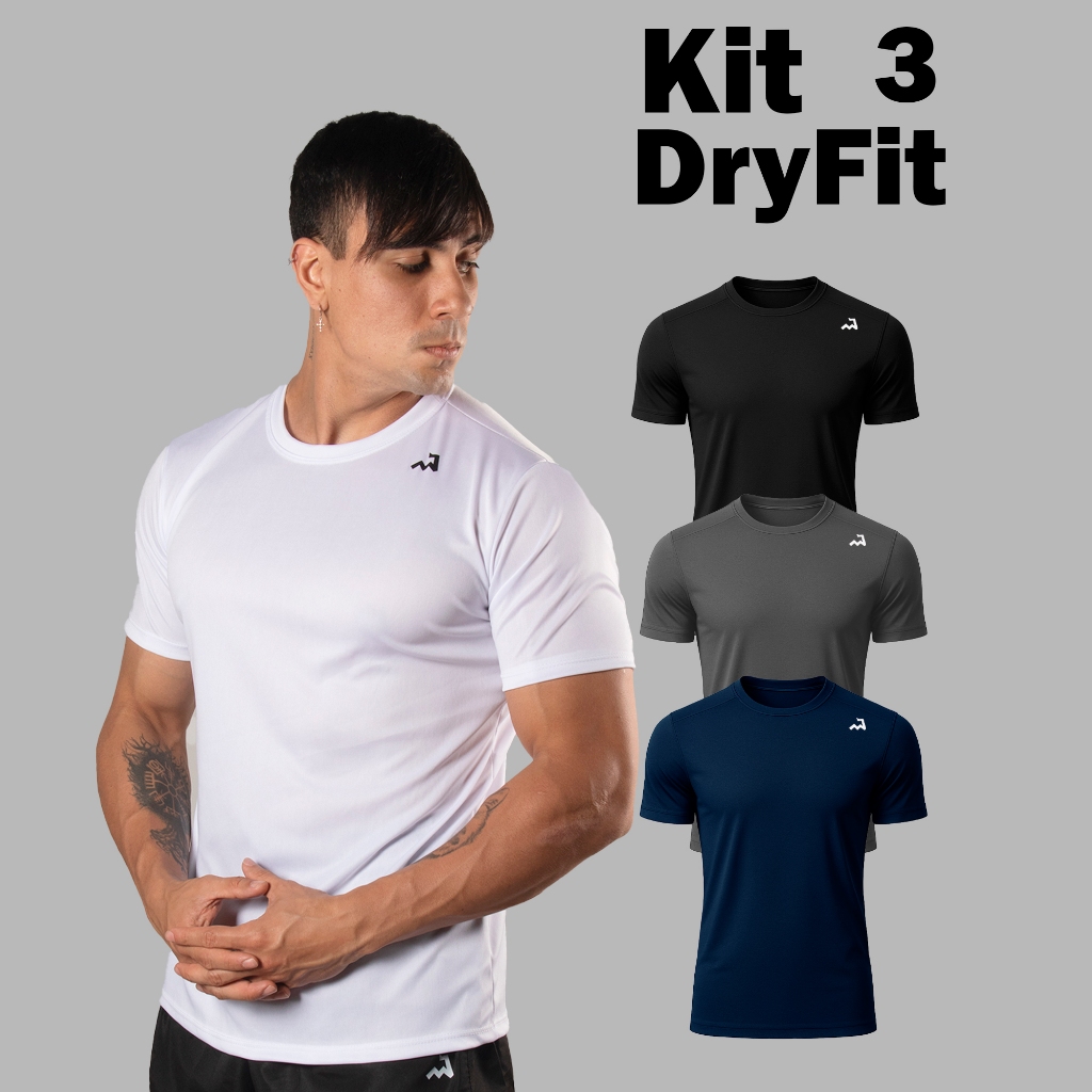 Kit 3 Camiseta Dry Masculina Manga Curta Academia Corrida CrossFit Fitness Poliester Premium Esporte