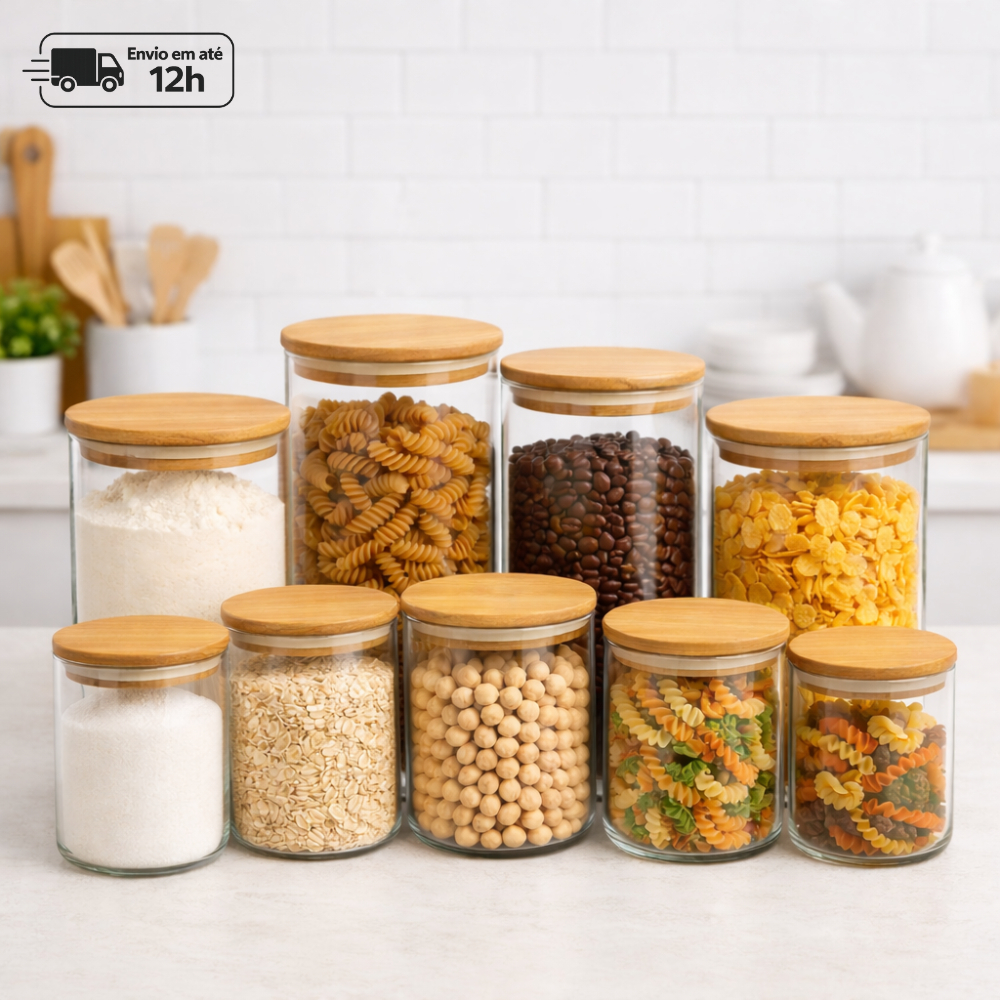 Kit Potes Vidro Redondo Tampa Bambu Hermético Porta Mantimentos Alimentos Temperos Cozinha Premium em Oferta na Shopee