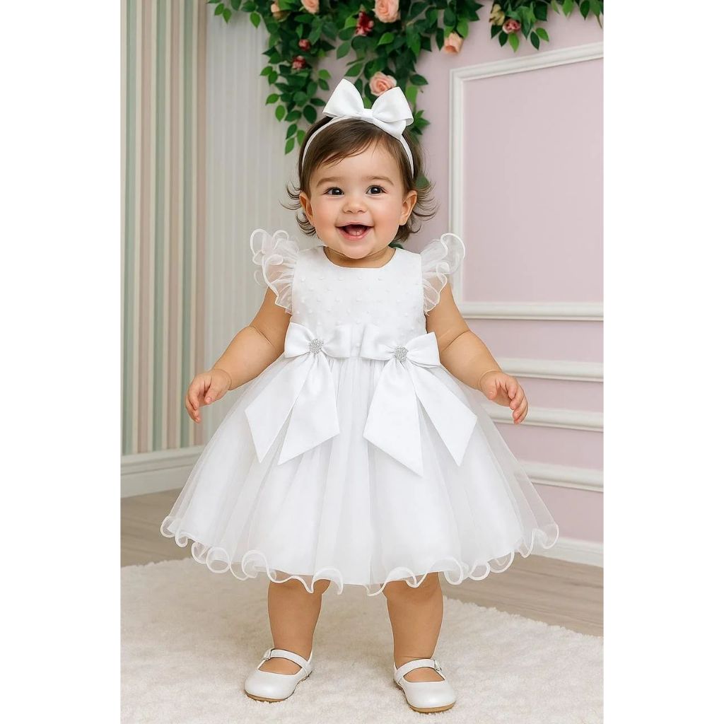 Vestido Bebê e Infantil Branco para Batizado para Meninas Batismo Bebês De 1 Ano Batismal Festas Luxo Vestido de Festa