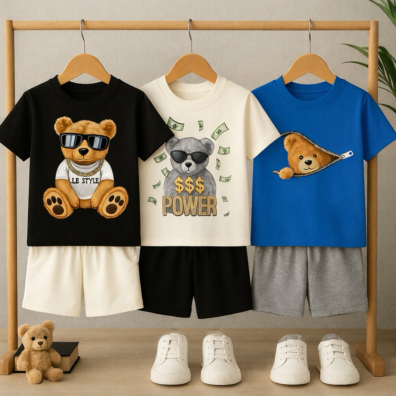 Kit 6 peças Camiseta + short bermuda conjunto infantil menino estampa urso moda casual em Oferta na Shopee