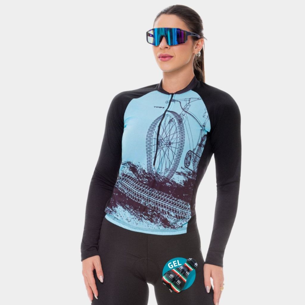 Kit Roupa Ciclismo Feminino Camisa Blusa Manga Comprida Short Bermuda Acolchoado Gel Pedal Speed