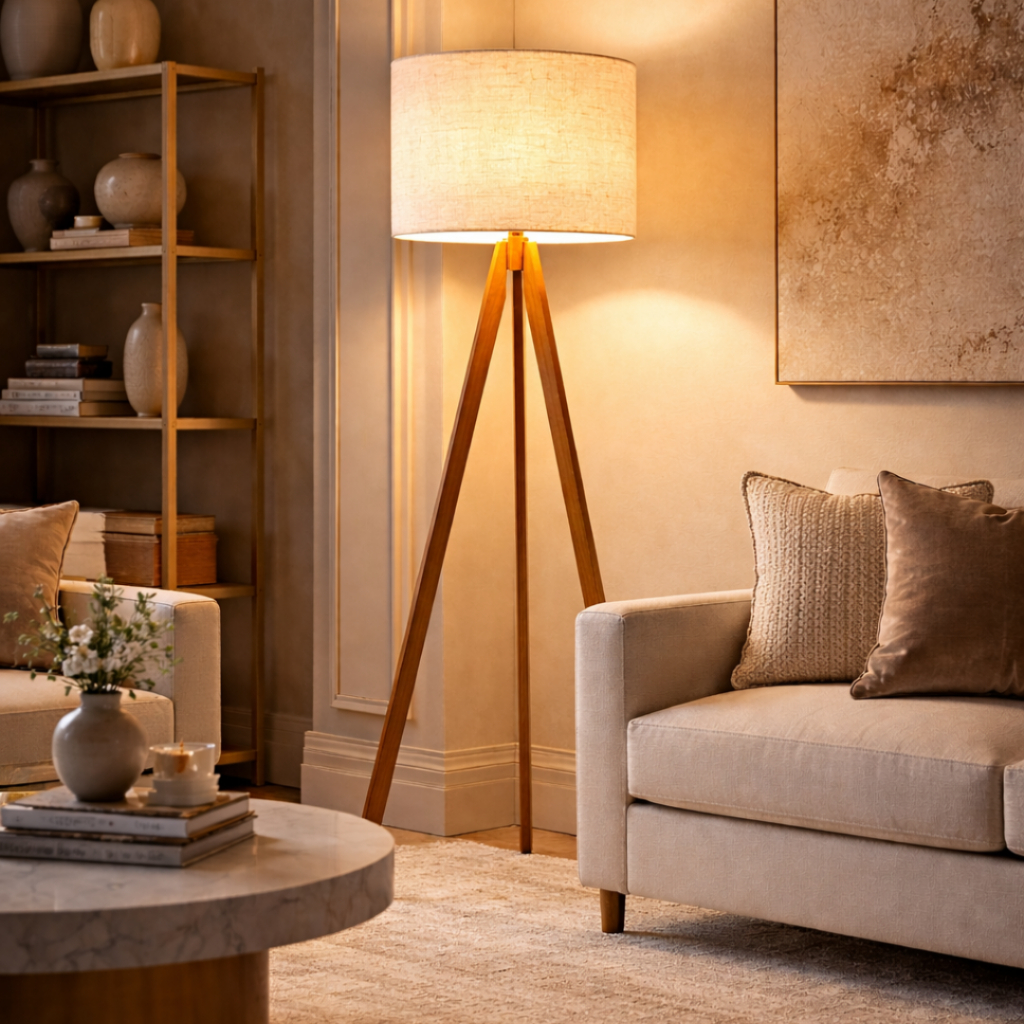 Abajur De Chão Tripé 1,50 Cm Completo Com Cúpula E Fiação Luminária De Piso Para Sala, Quarto, Cupula Cor Linho