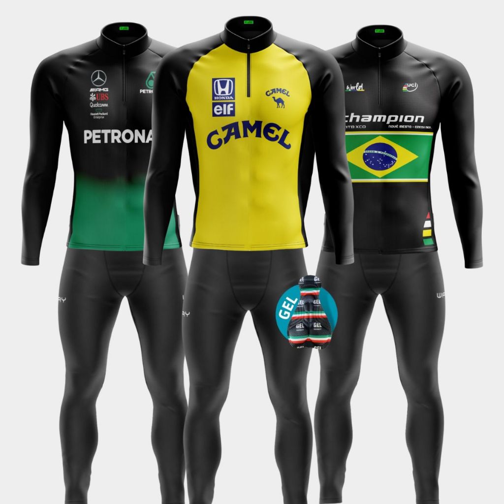 Conjunto Ciclismo Calça Gel Masculino Roupa Inverno Kit Camisa Manga Longa Uv