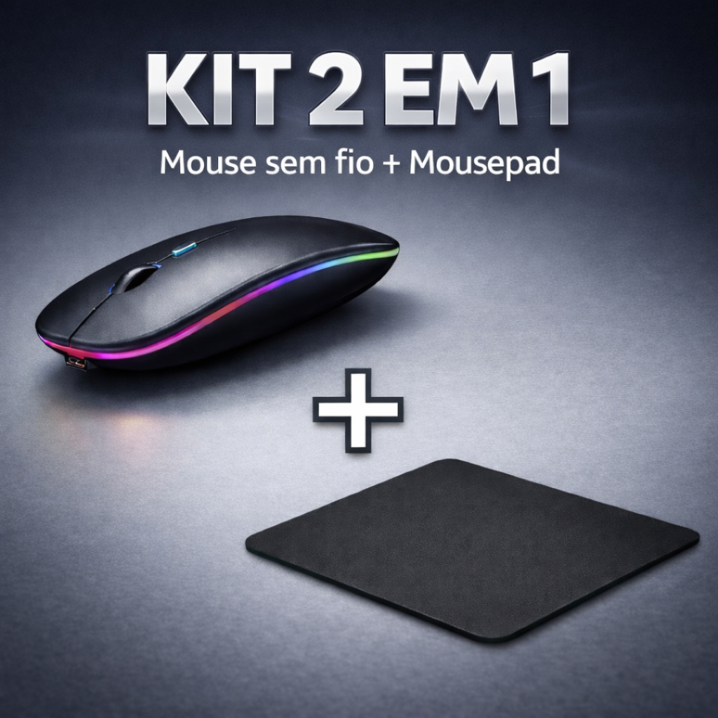 Kit Mouse Sem fio Bluetooth recarregavel + Mousepad preto liso Kit 2 em 1