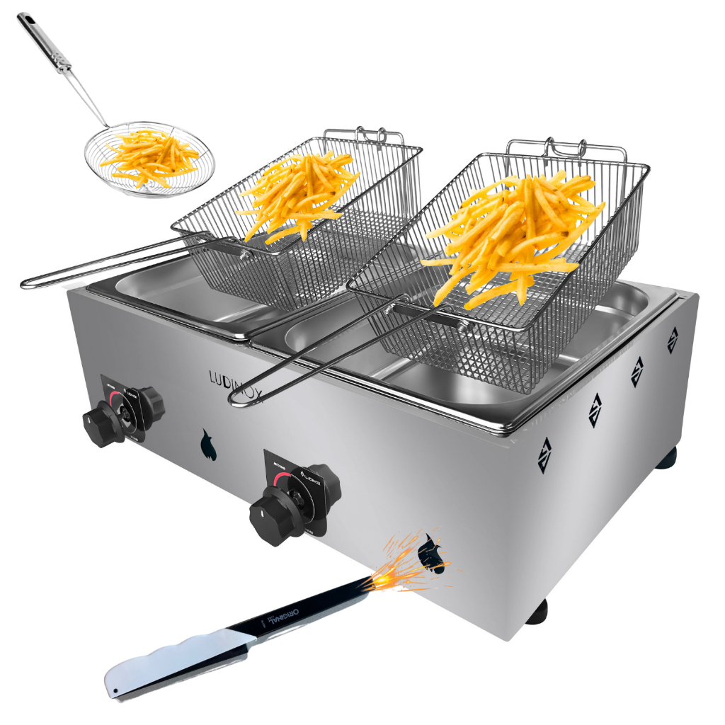 Fritadeira A Gás 2 Cubas Baixa Pressão + Escumadeira e Acendedor