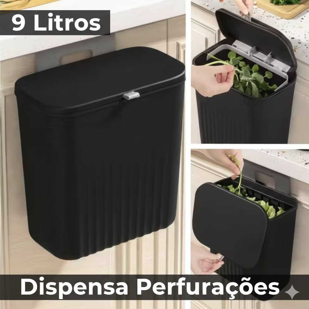 Lixeiras Multiuso Suspensa 9 Litros com Tampa Fecha Fácil e Suporte Adesivo Dispensa Furos