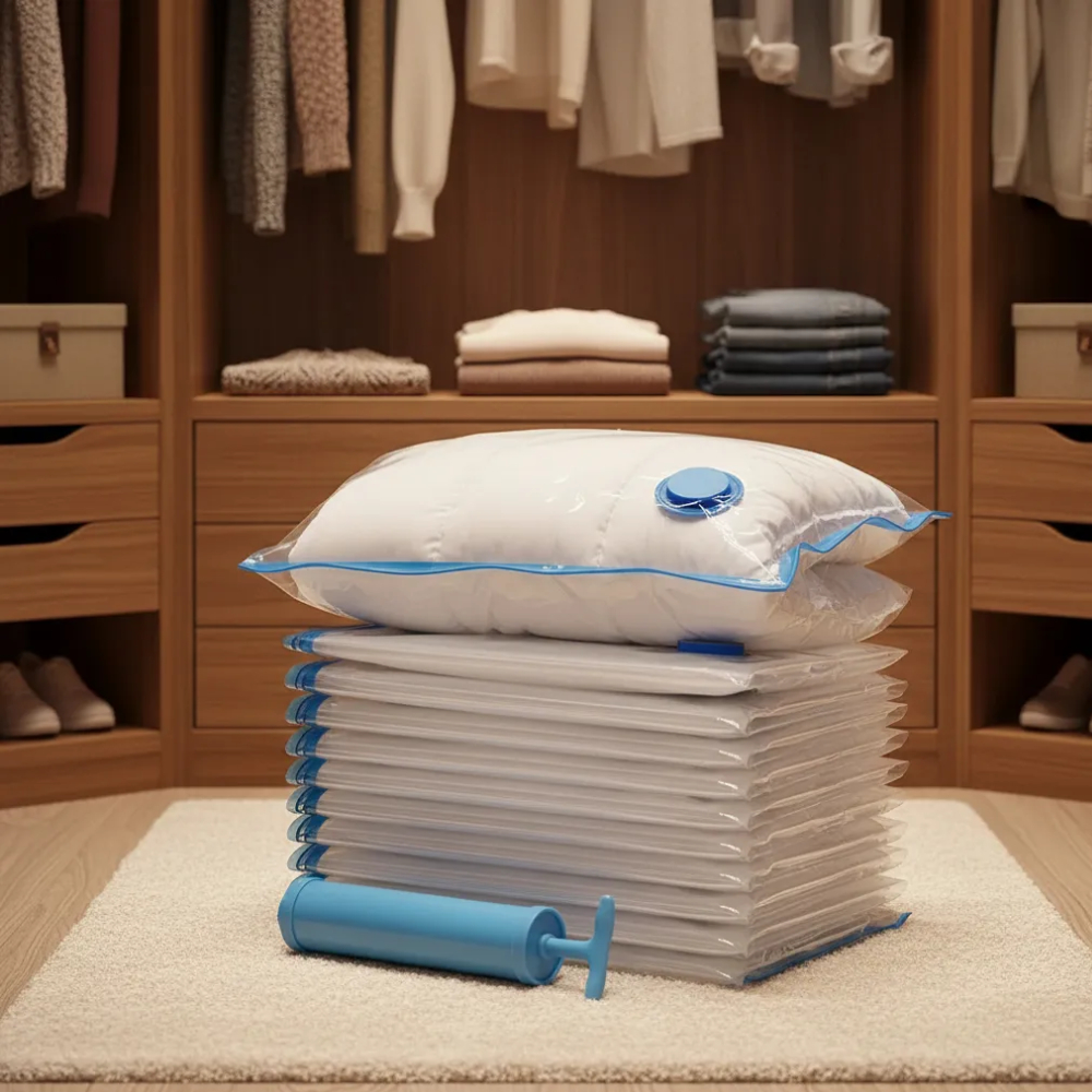 Kit 20 Saco Organizador A Vacuo 50x60 Roupa Edredom Enxoval Viagem Mala Com Bomba Manual Sucção Ganhe Espaço Reutilizáve em Oferta na Shopee