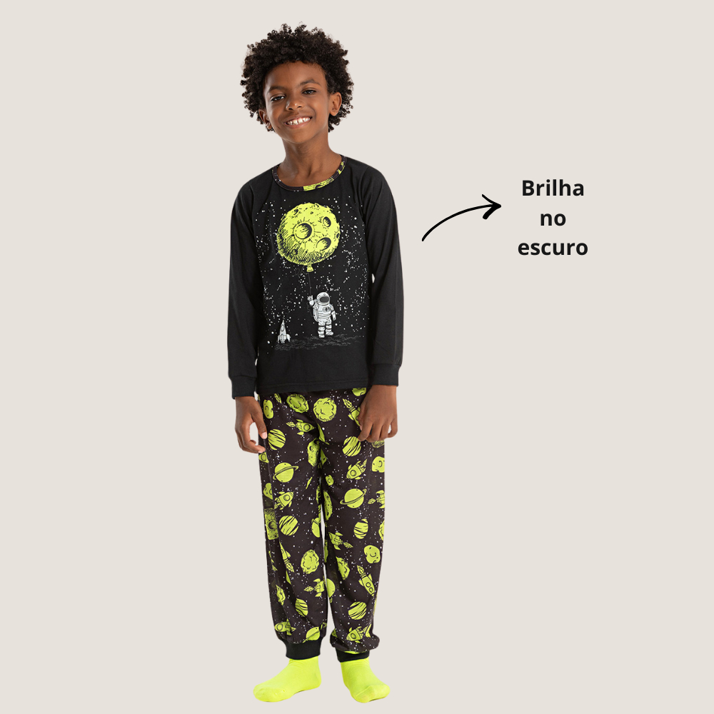 Pijama Longo Infantil Brilha No Escuro Menino Blusa e Calça Astronauta Lunar em Oferta na Shopee