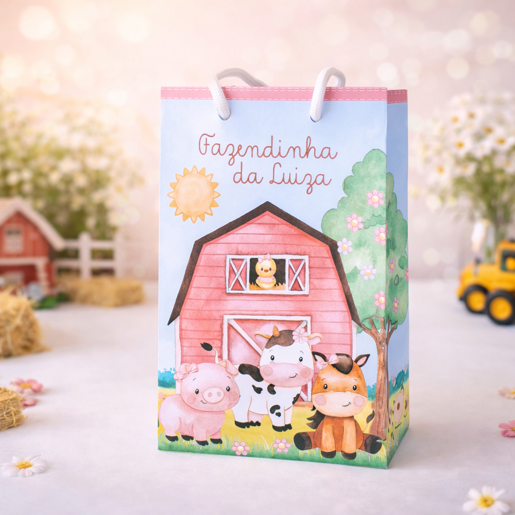 Sacolinha Surpresa Personalizada fazendinha Rosa - Lembrancinha Fazendinha Pegue e monte