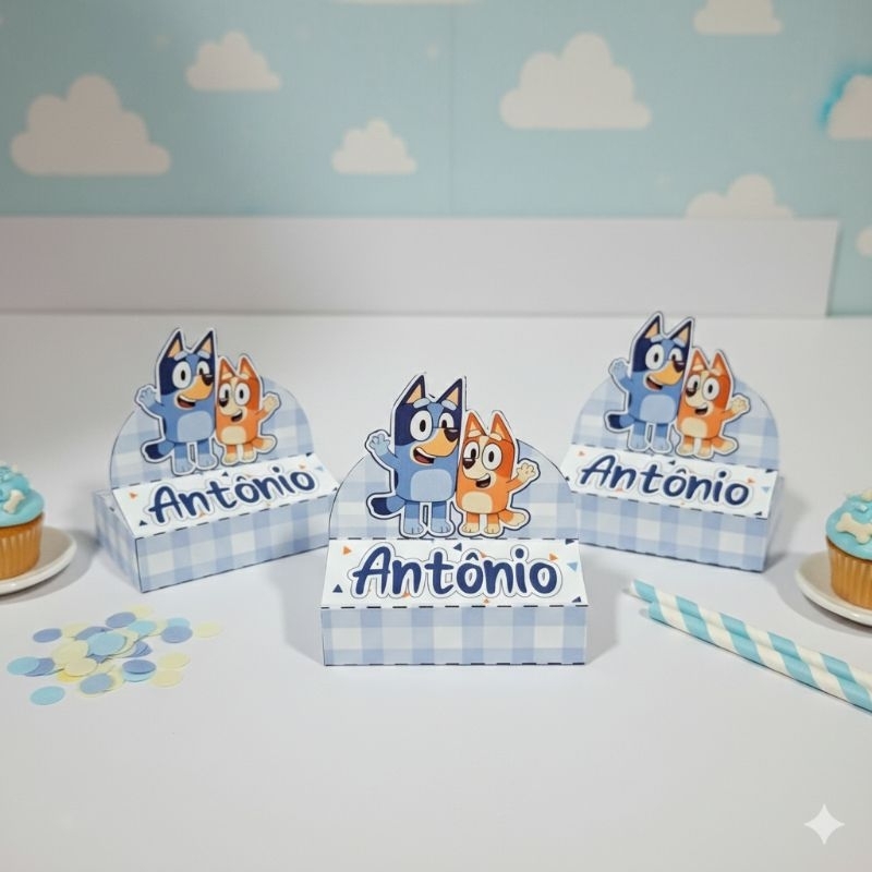 20 Porta Bis Duplo Bluey e bingo Personalizado Nome e Idade - Tema bluey e Bingo Menino