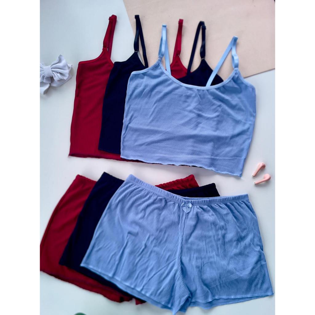 Kit de 3 Pijama Feminino Baby Doll Canelado Verão Alça Regulável Cores Variadas Roupa de Dormir Blog