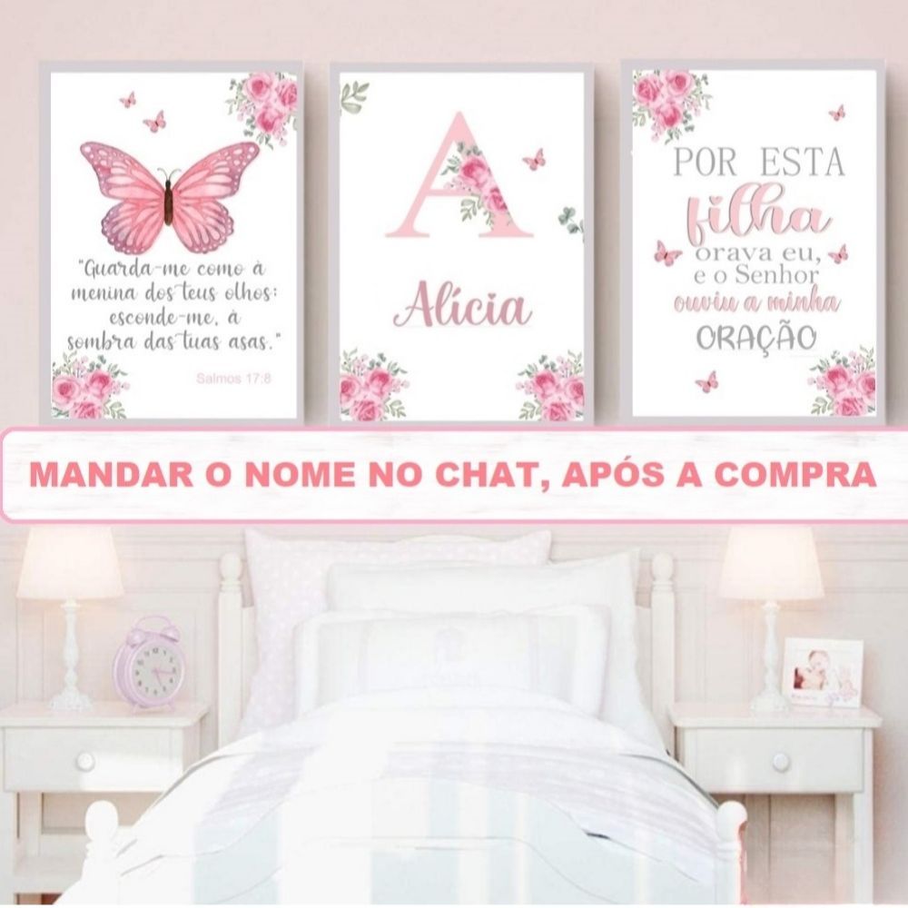 Quadros Infantil Menina Sonhe Alto Floral Borboletas com Nome Personalizado 3 Peças