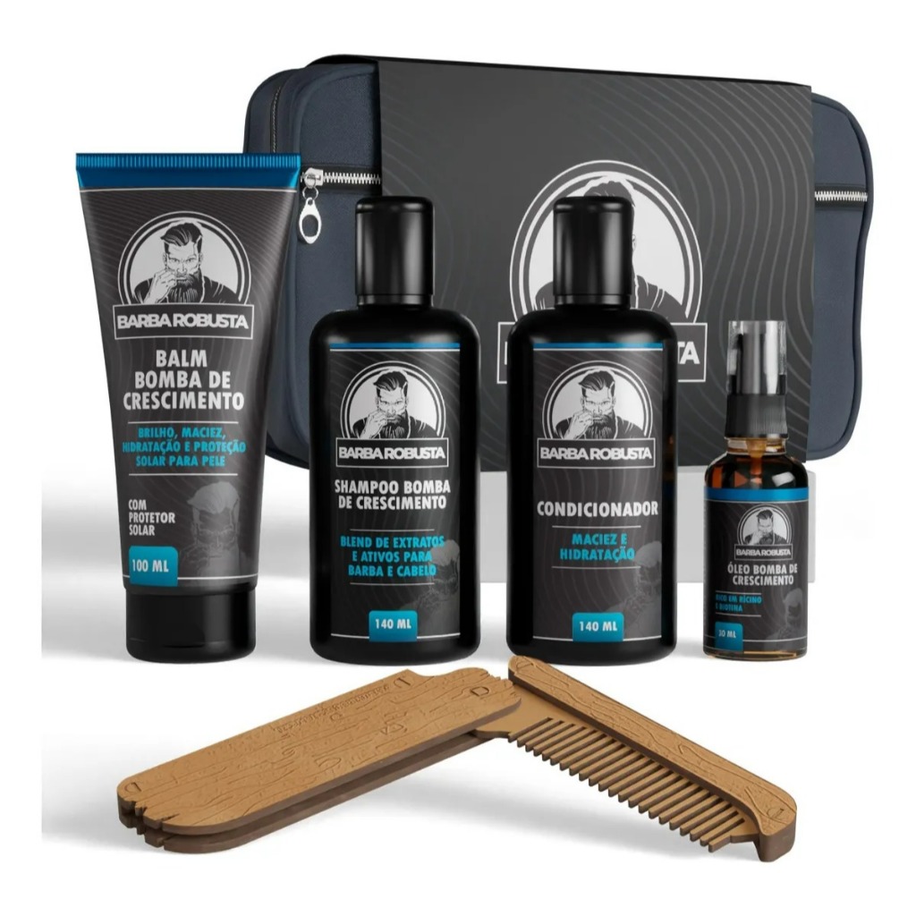 Kit para a Barba Shampoo, Condicionador, Balm, Óleo, Pente e Necessaire