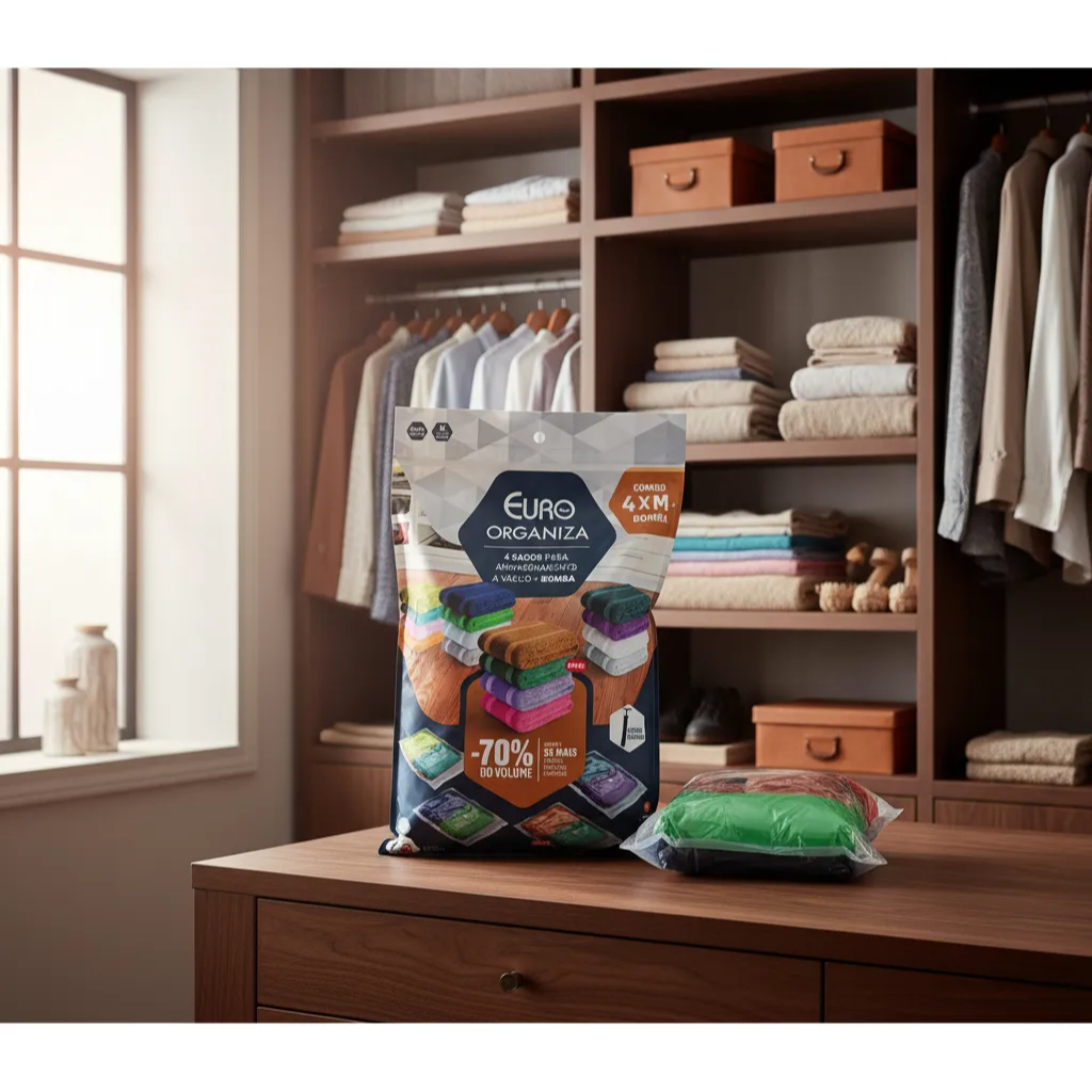Kit Euro Home com 4 Sacos a Vácuo e Bomba Manual para Roupas Guarda-Roupa Mala e Viagem