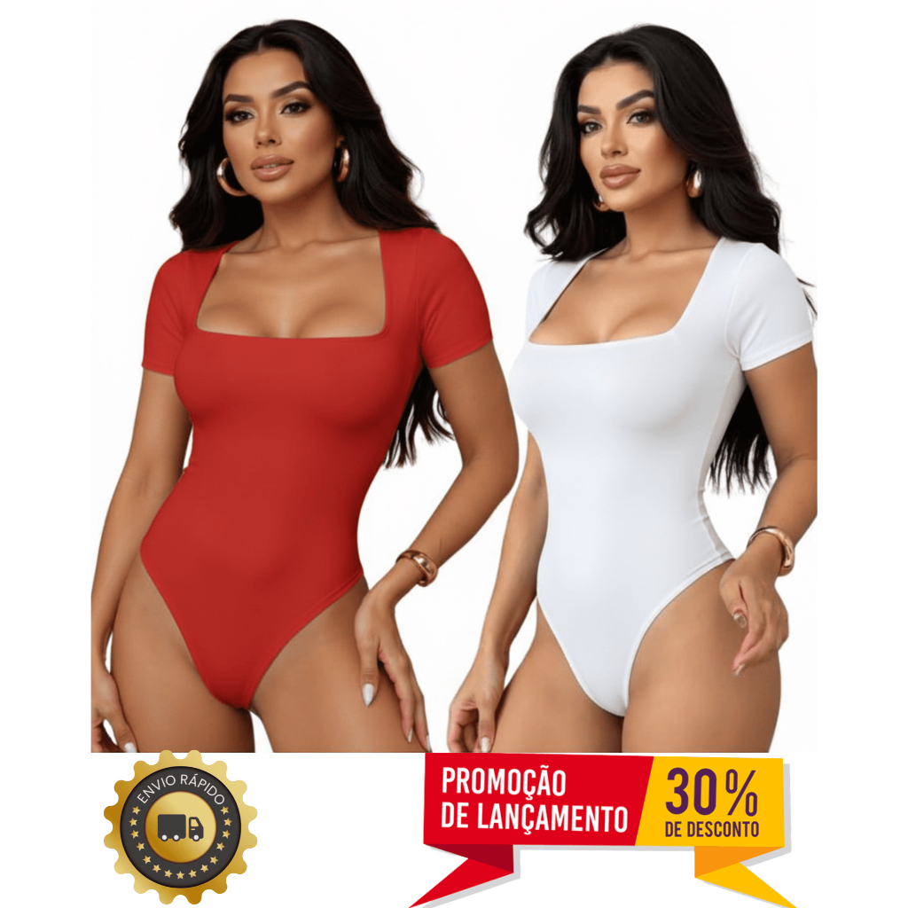 KIT 2 BODY FEMININO MANGA CURTA DECOTE QUADRADO BÁSICO FORRO DUPLO em Oferta na Shopee