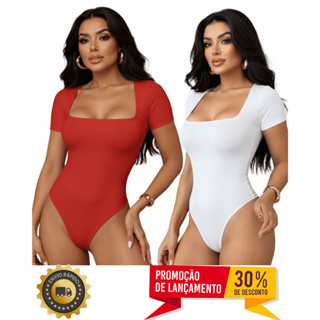KIT 2 BODY FEMININO MANGA CURTA DECOTE QUADRADO BÁSICO FORRO DUPLO em Oferta na Shopee
