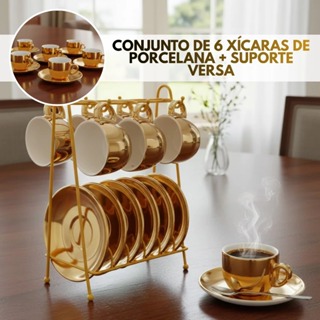 Jogo 6 Xicaras 90ml  Dourado Premium Café Chá de Porcelana Com Pires + Suporte Versa Dourado Wolff em Oferta na Shopee