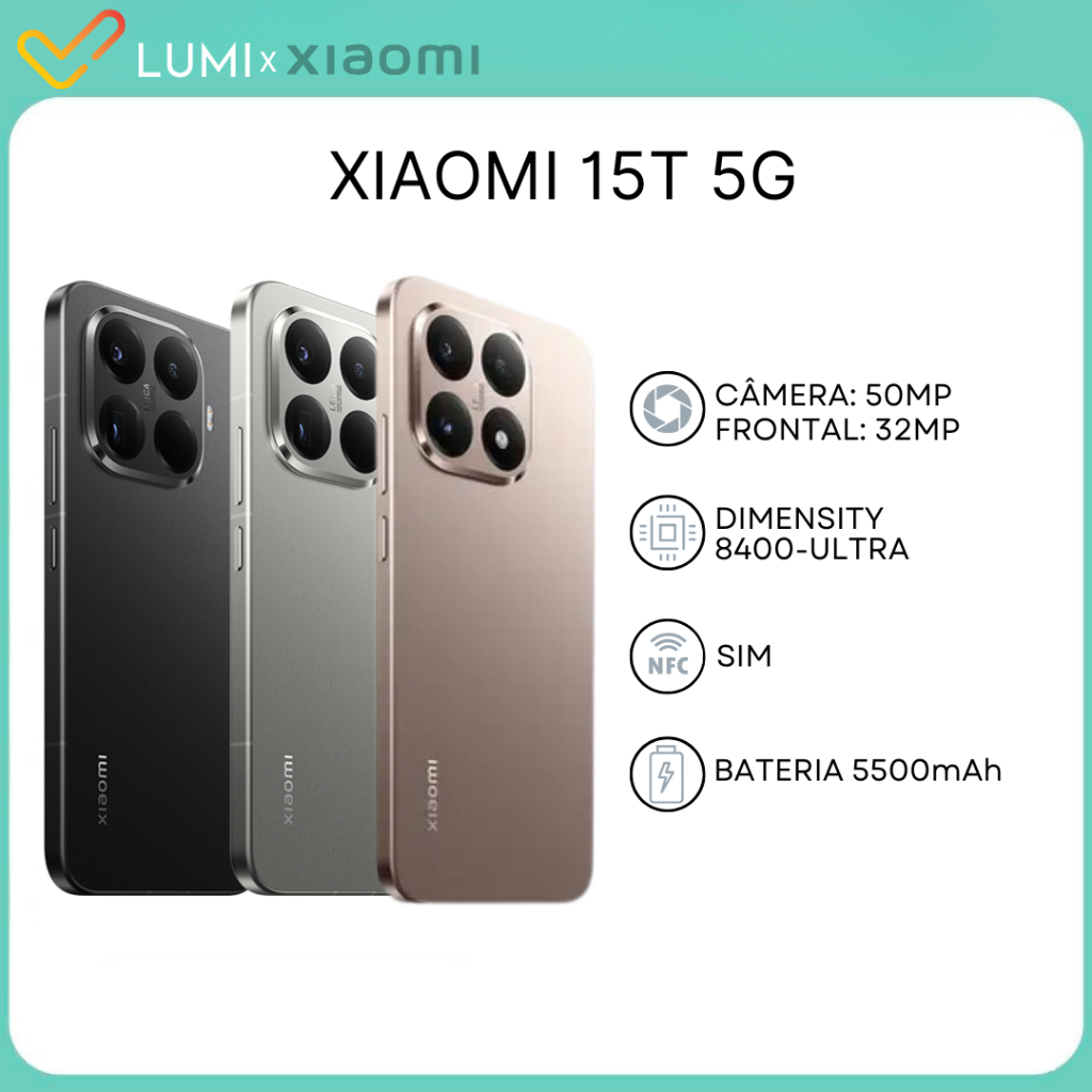 Xiaomi 15T 5G, 512GB Armazenamento e 12GB RAM, Processador MediaTek Dimensity 8400-Ultra, Versão Global