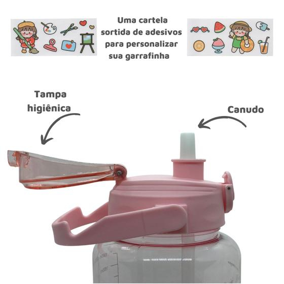 Garrafa de Água Squeeze 2 litros com Adesivos Grande Galão transparente canudo Academia Portugues